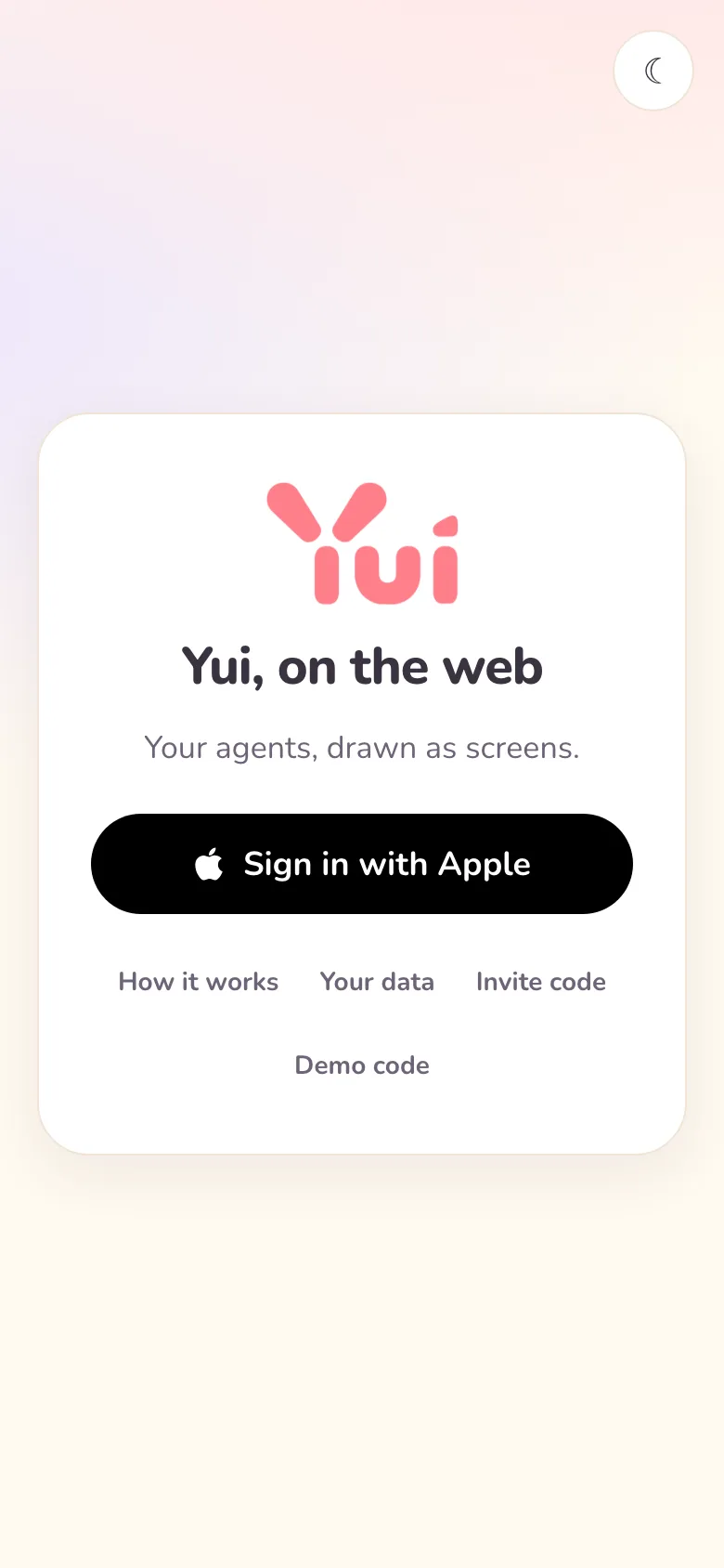 Light mode, phone width: Yui on the web with a Sign in with Apple button.
