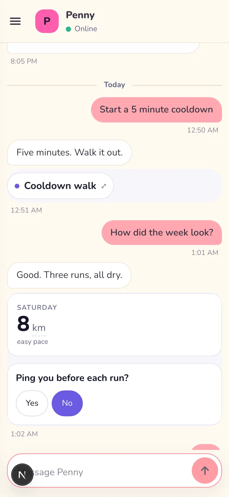 Light mode, phone width: Penny's thread with a stat and a choice screen drawn in the thread.