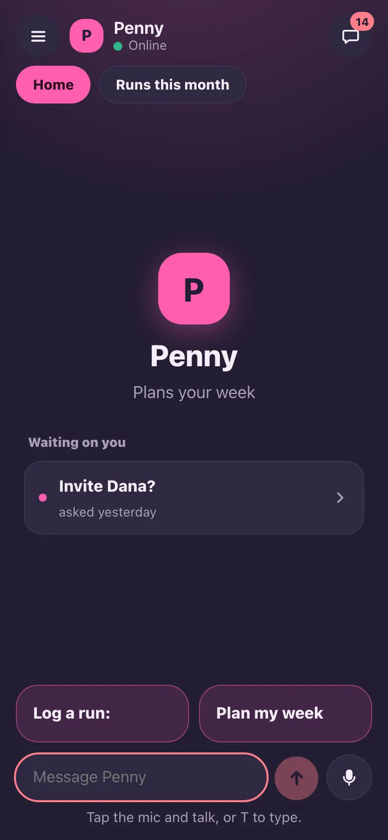 Dark mode, phone width: the same home.
