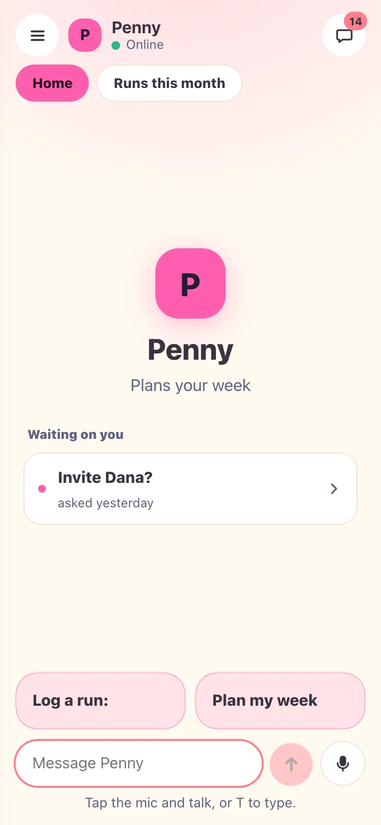 Light mode, phone width: Penny's home with the face, what waits on you, two shortcut chips and the composer.