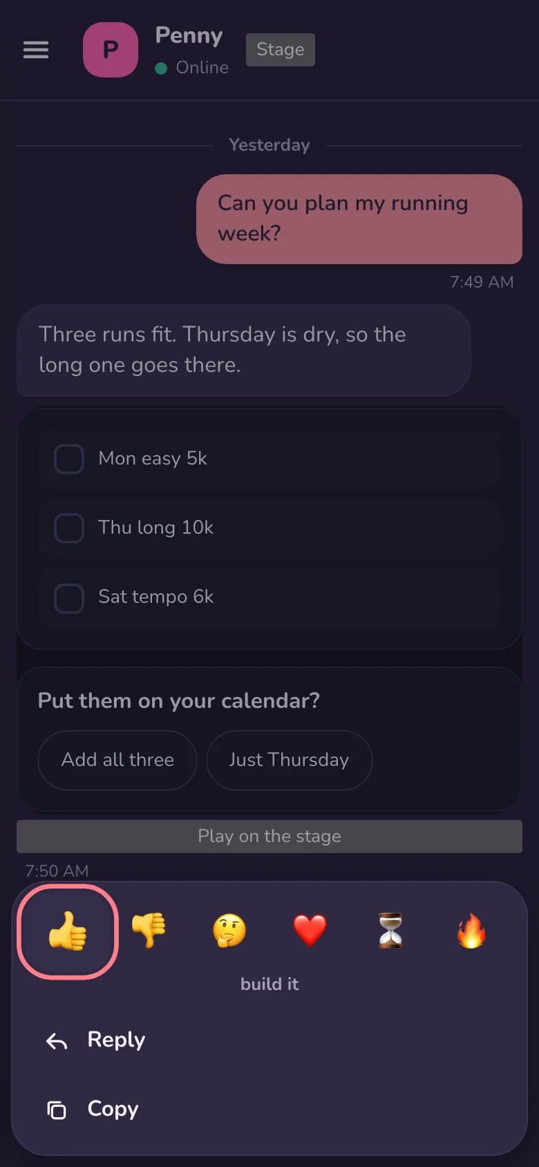 Phone width, dark: the hold menu with the six reactions, Reply and Copy.