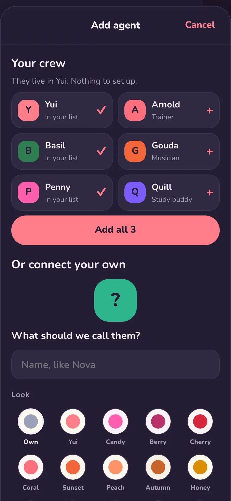 Dark, phone width: Add agent.