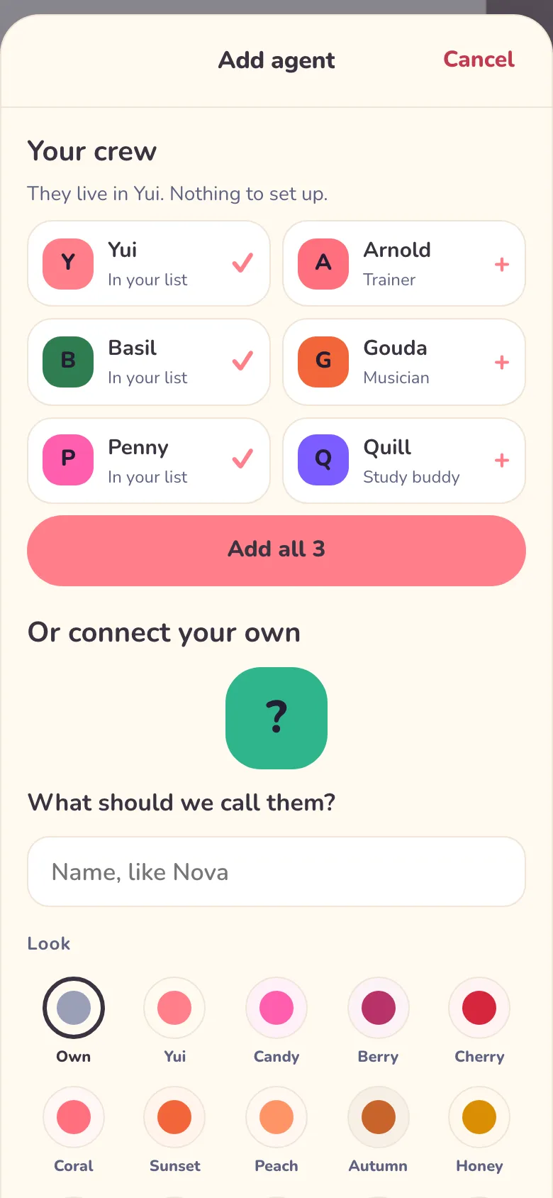 Light, phone width: Add agent with a pairing code and the wait.