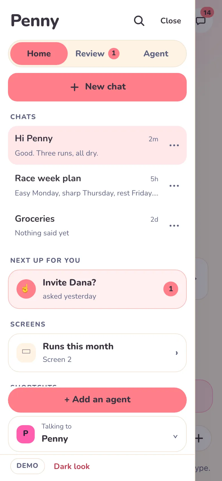 Light, phone width: the drawer with chats, menu rows and the agent bar.
