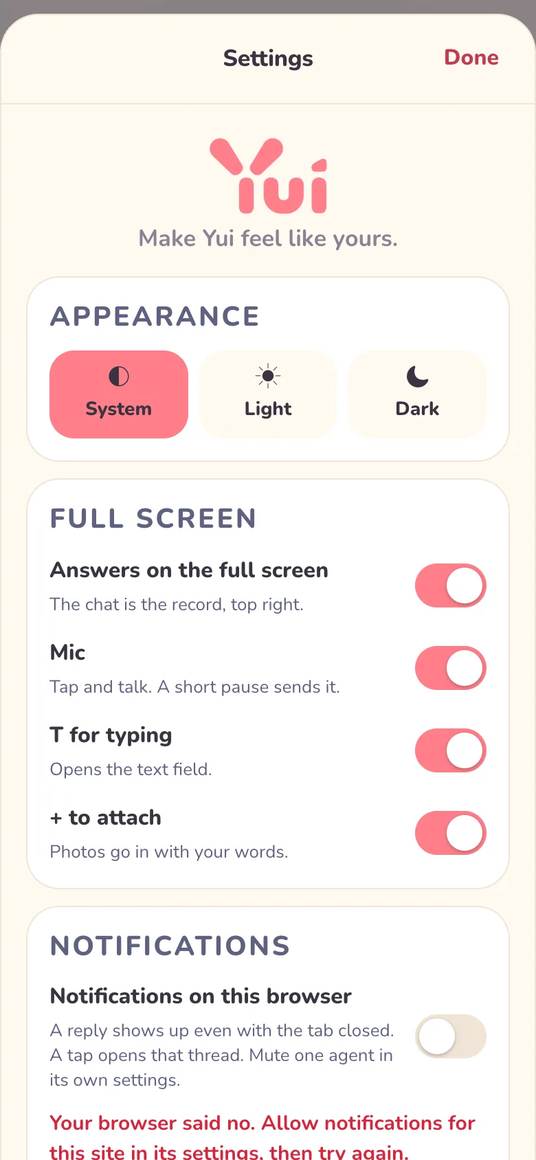 Light, phone width: the browser said no, so the card explains it and the switch stays off.