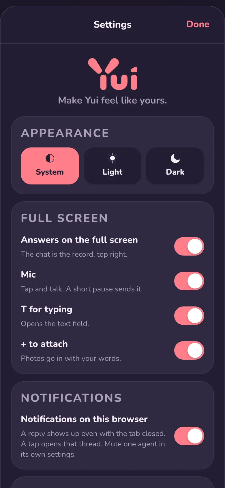 Dark, phone width: Settings with a Notifications card, Notifications on this browser, switched on.