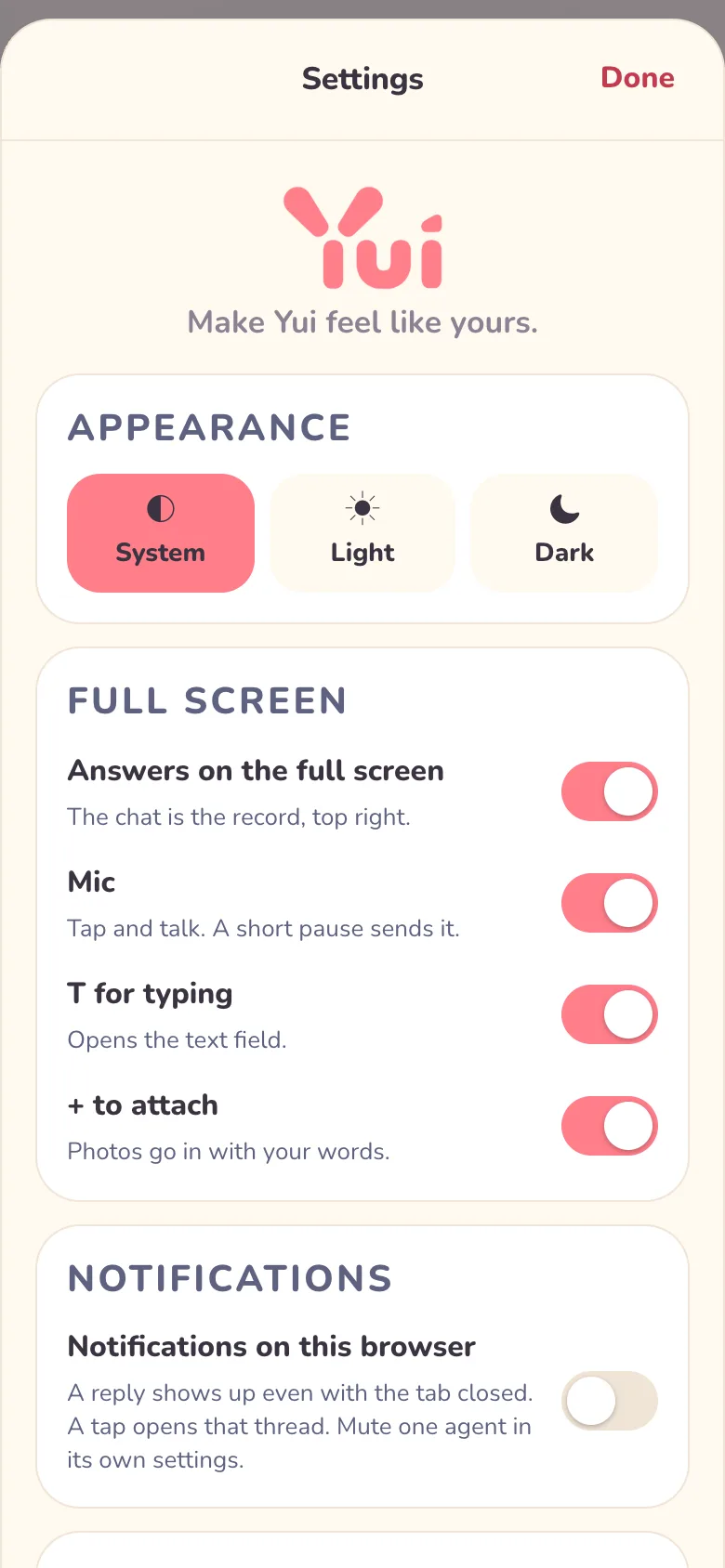 Light, phone width: the Notifications card with the switch off.