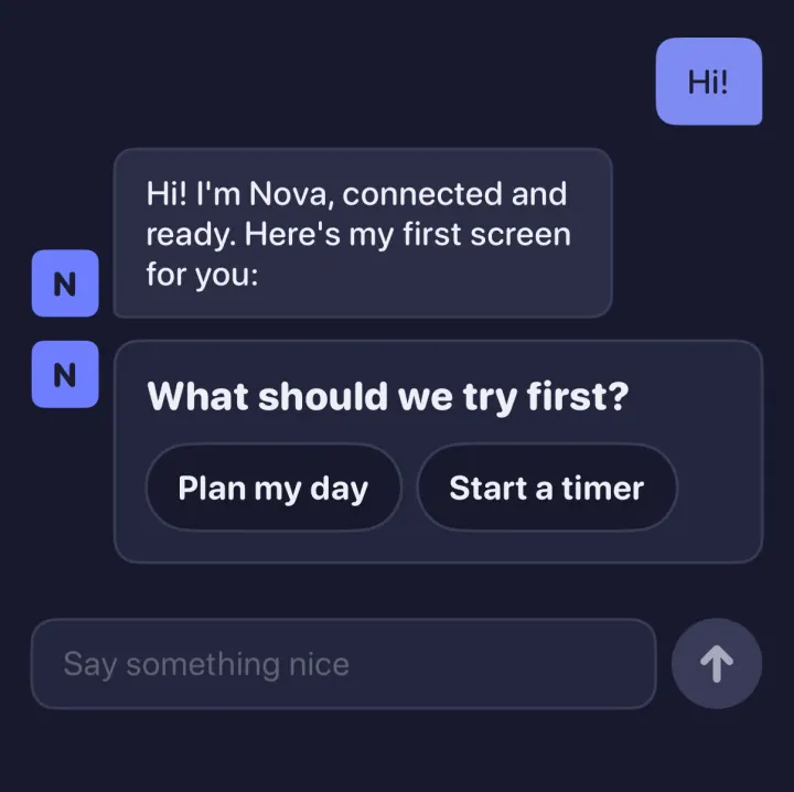 The new thread in dark mode: you said Hi, Nova answered with a card asking What should we try first? with Plan my day and Start a timer buttons.
