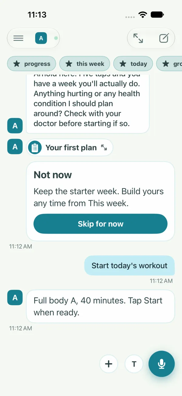 Light: Arnold's thread after Start my workout, Start today's workout sent and Arnold answering.