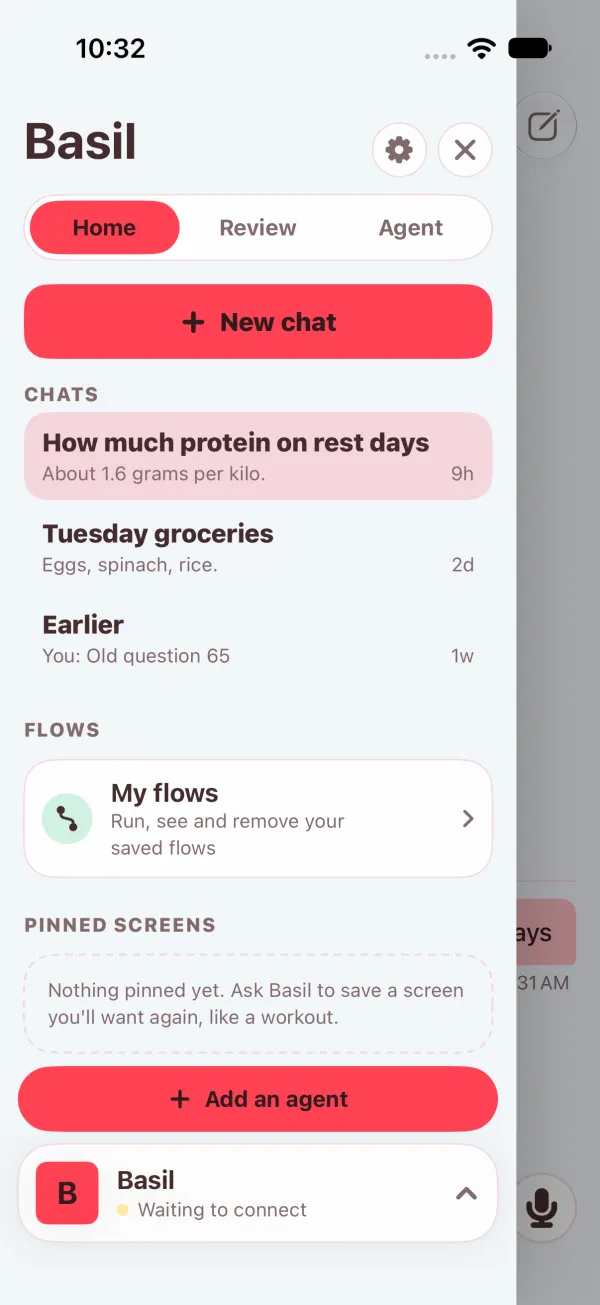Drawer, light: New chat, then How much protein on rest days, Tuesday groceries and Earlier, each with its last line and age
