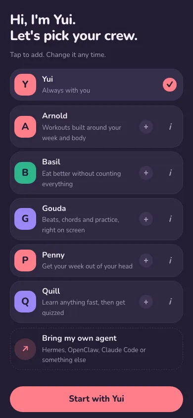 Dark, phone width: the same crew picker.