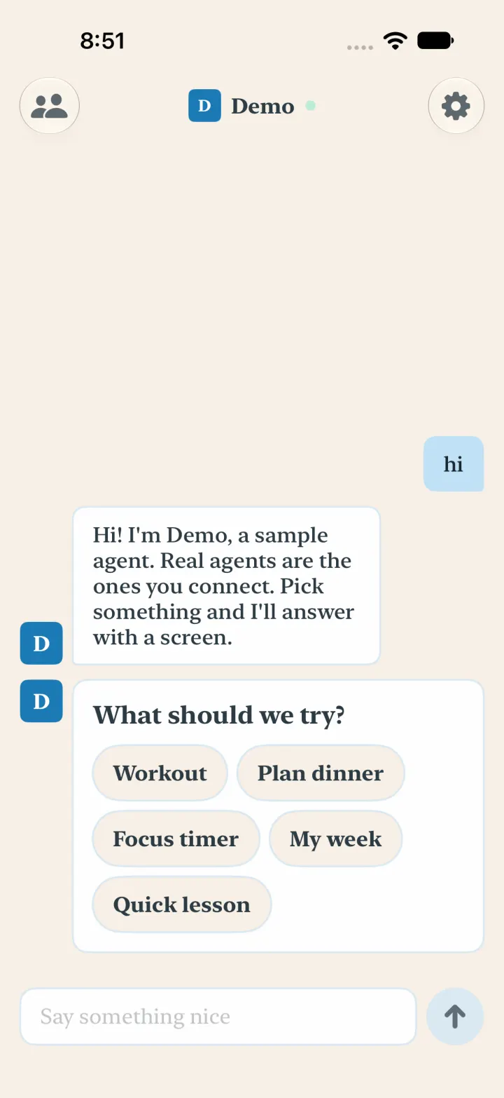The Demo agent's thread: a greeting and a card asking What should we try? with Workout, Plan dinner, Focus timer, My week and Quick lesson buttons