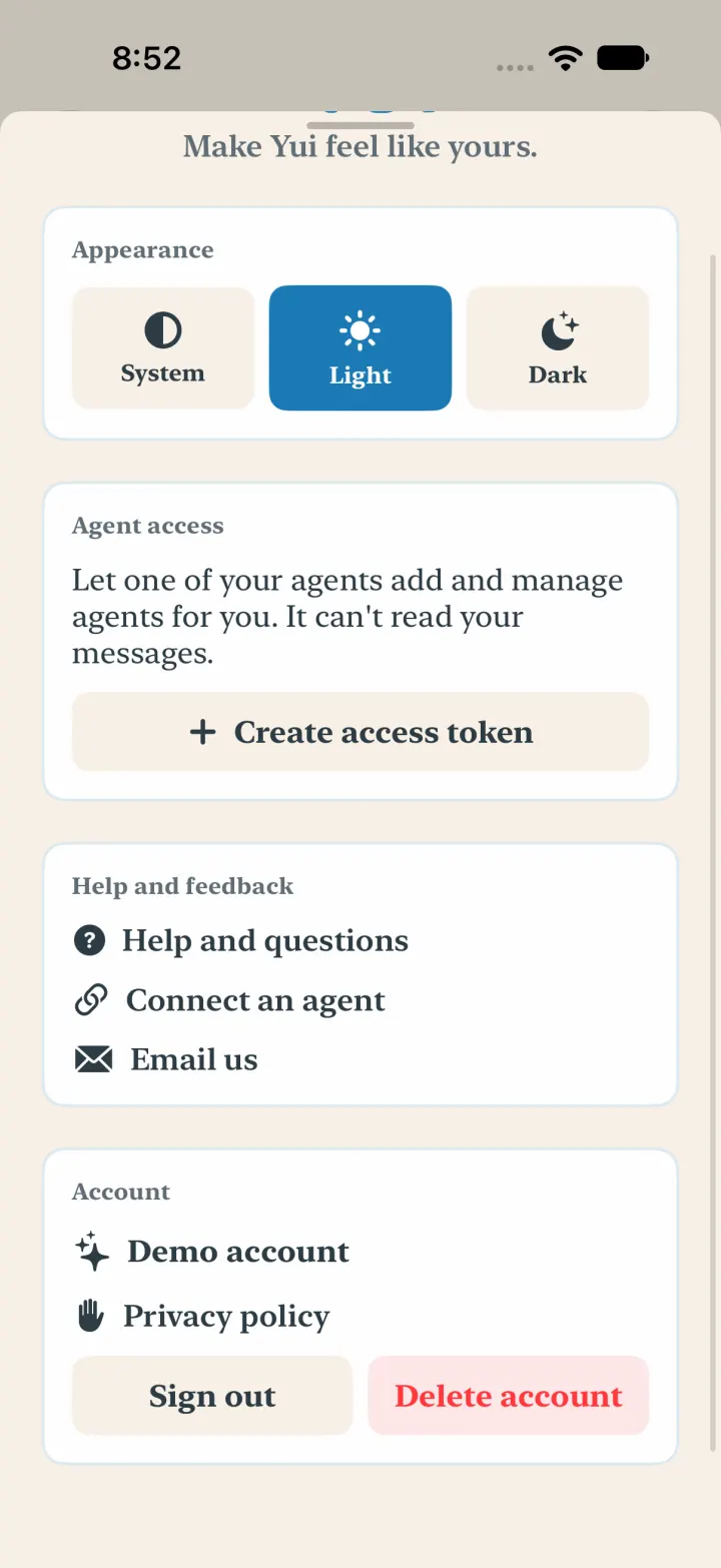 Settings showing a Help and feedback card with Help and questions, Connect an agent and Email us, above the Account card that reads Demo account