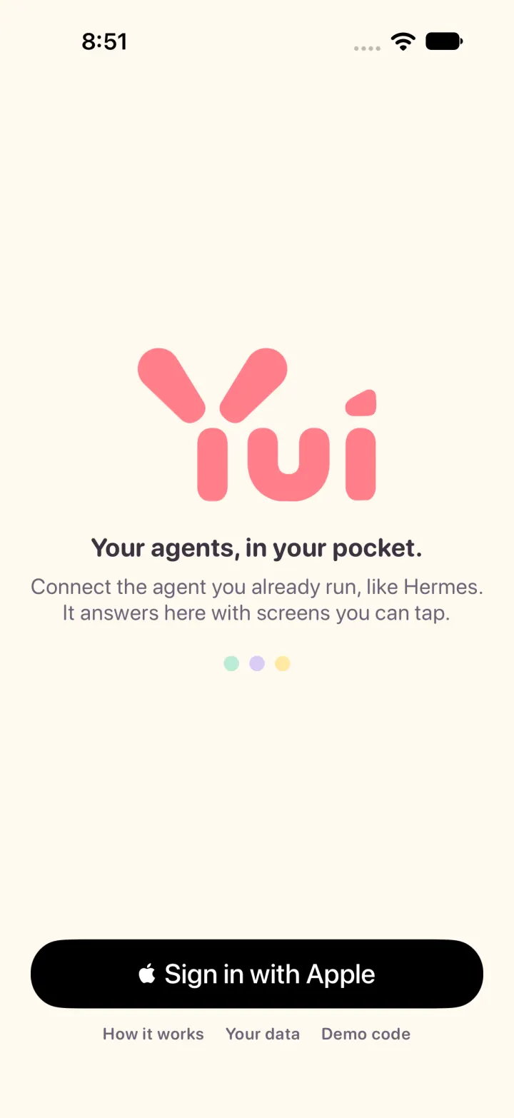 Yui sign-in screen with Sign in with Apple and three small links under it: How it works, Your data, Demo code