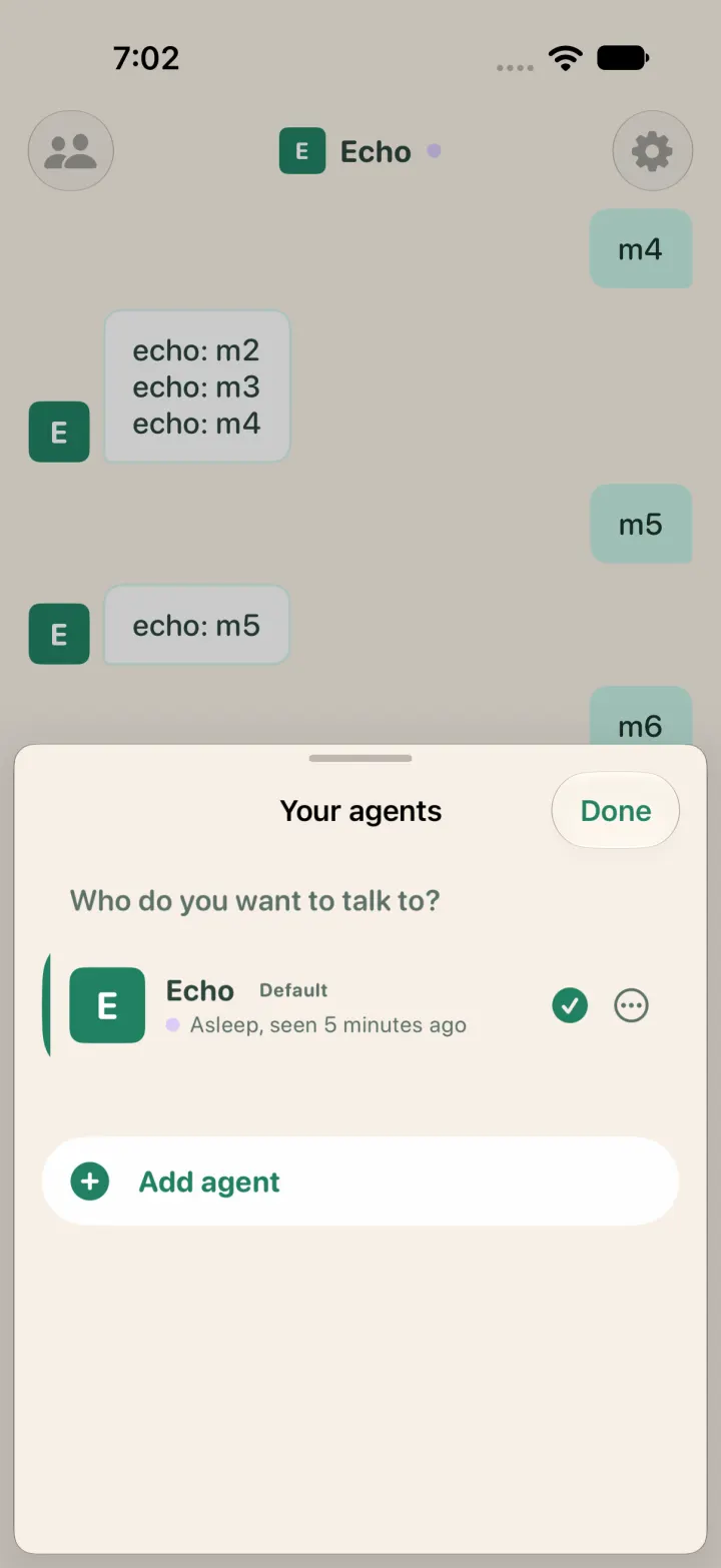 Your agents list showing Echo as Asleep, seen 5 minutes ago, with a lavender dot.