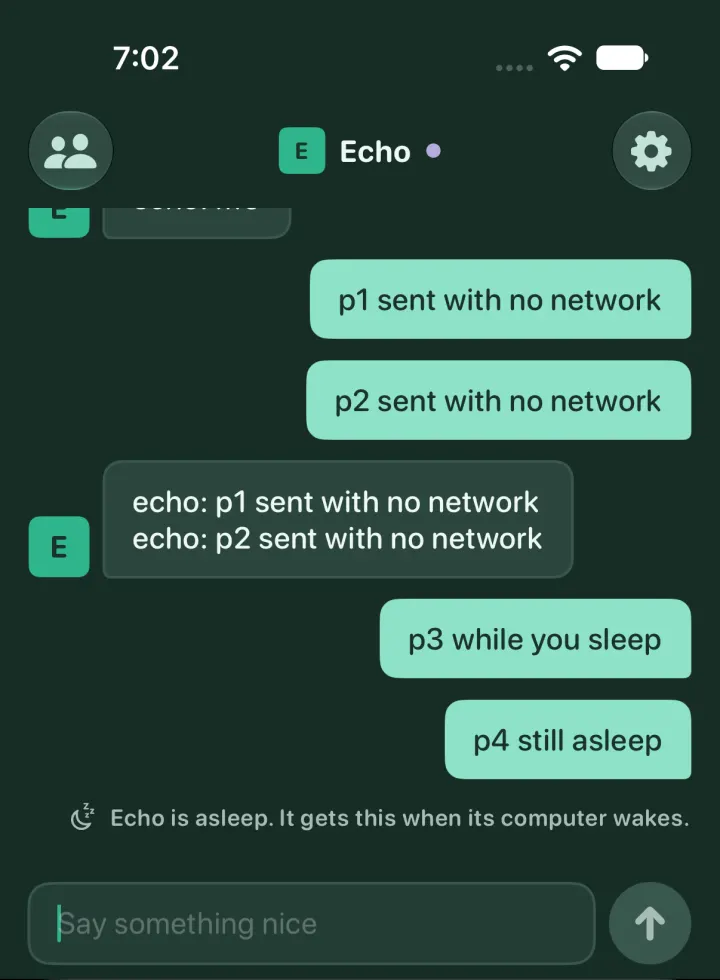Dark mode thread with the agent's computer asleep: two new messages and the note, Echo is asleep. It gets this when its computer wakes.