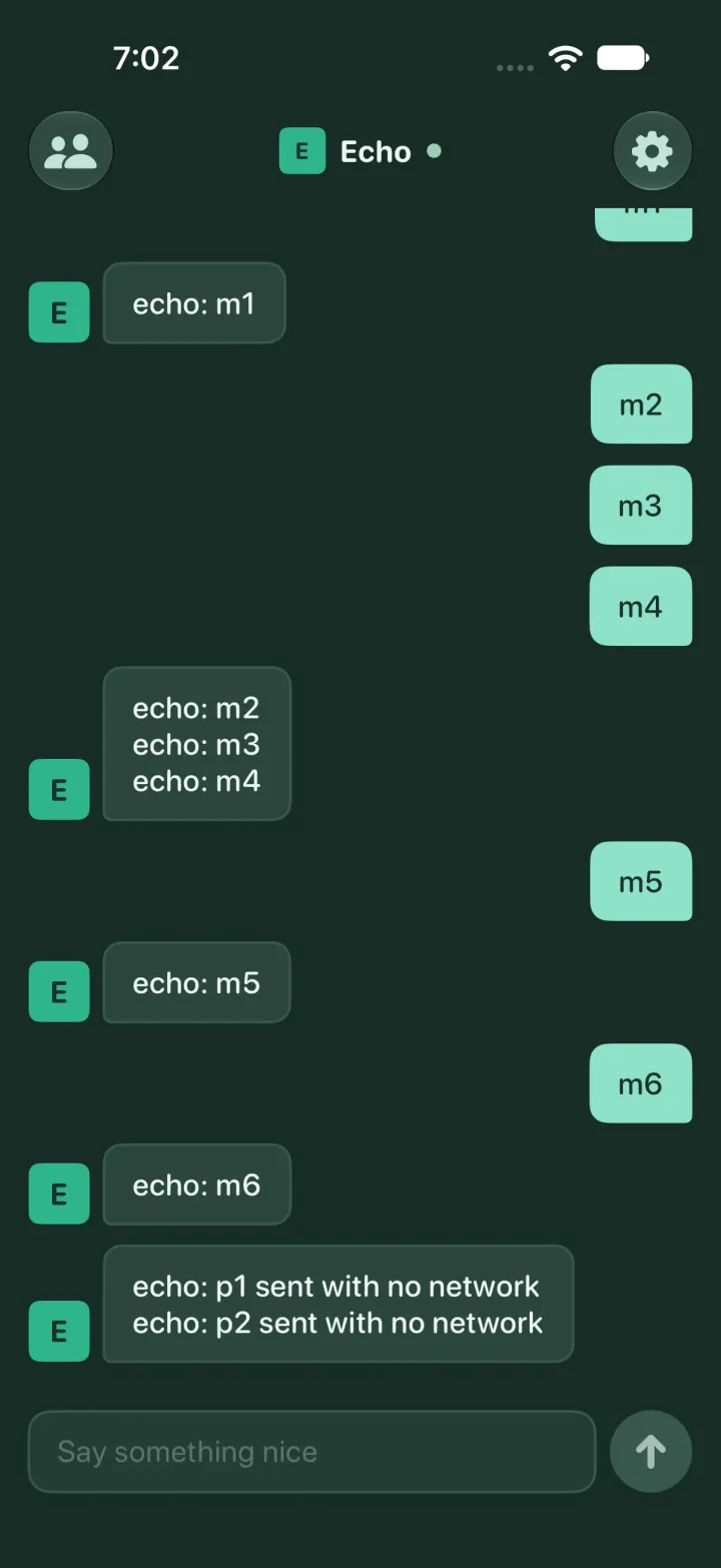 Dark mode thread after the network came back: the two messages were delivered once each and the agent answered both in one reply.