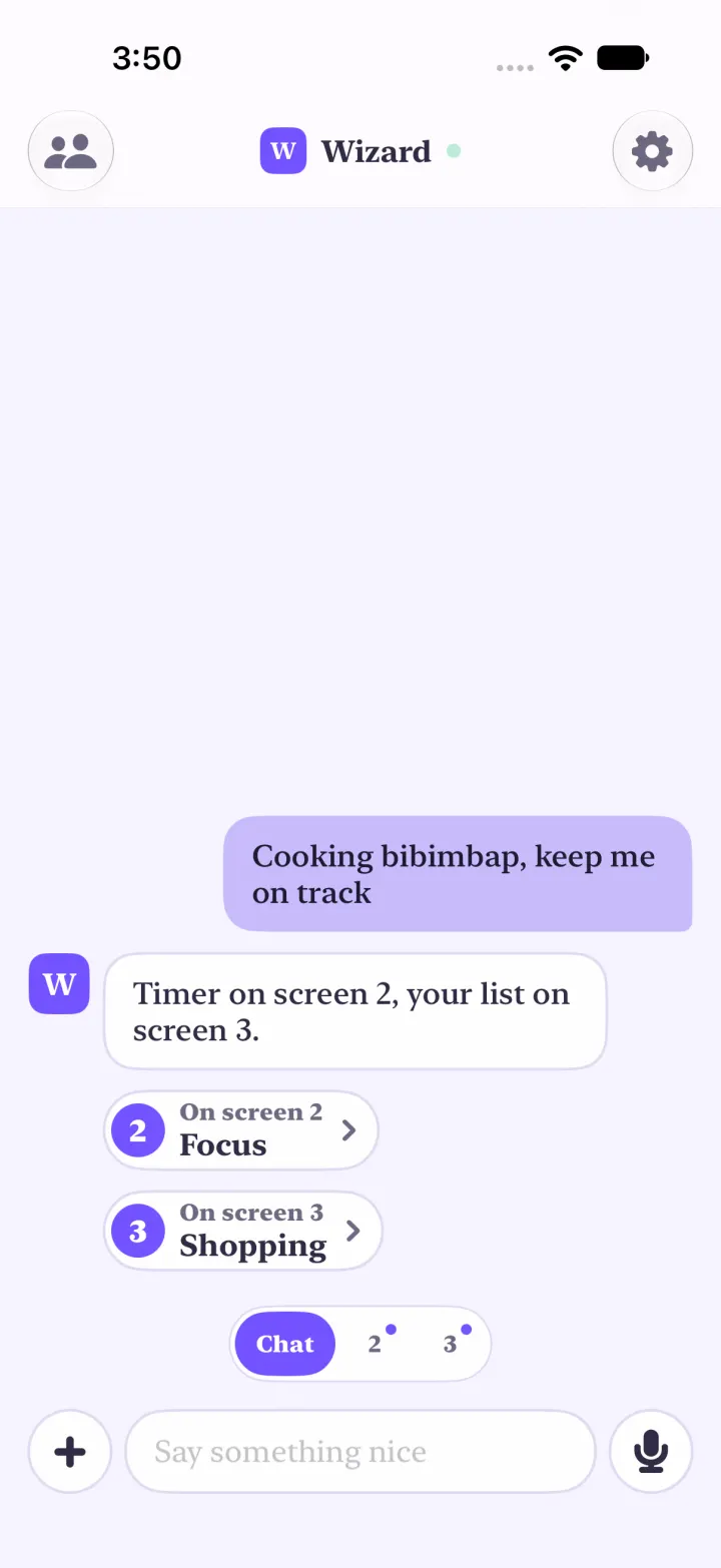 The chat: the agent says the timer is on screen 2 and the list on screen 3, with two pills under it, On screen 2 Focus and On screen 3 Shopping.