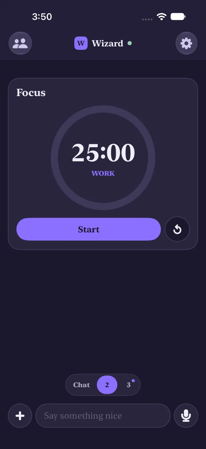Screen 2 in dark mode: a 25 minute Focus timer with a Start button, and the 2 tab highlighted.