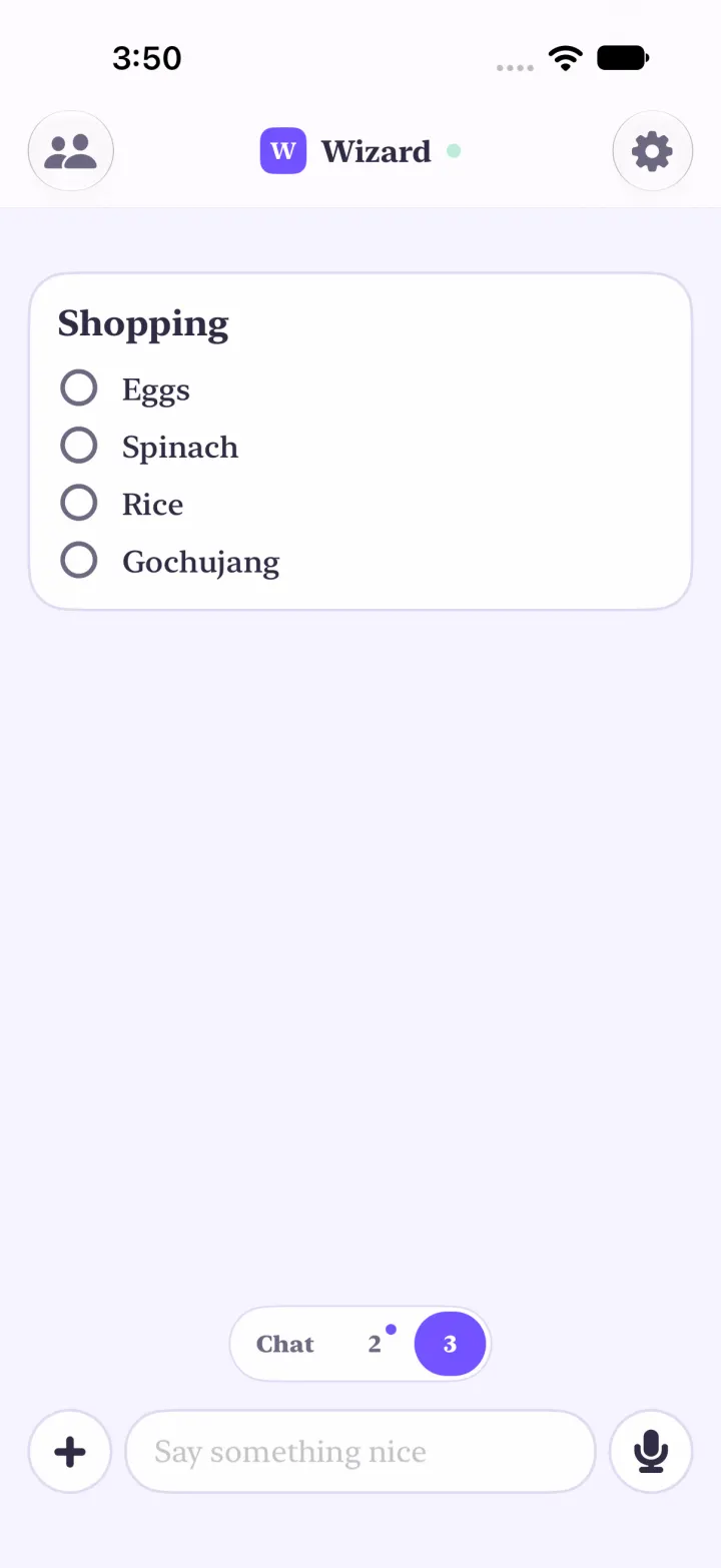 Yui on screen 3: a Shopping list with Eggs, Spinach, Rice and Gochujang, and Chat, 2, 3 tabs above the composer with 3 highlighted.