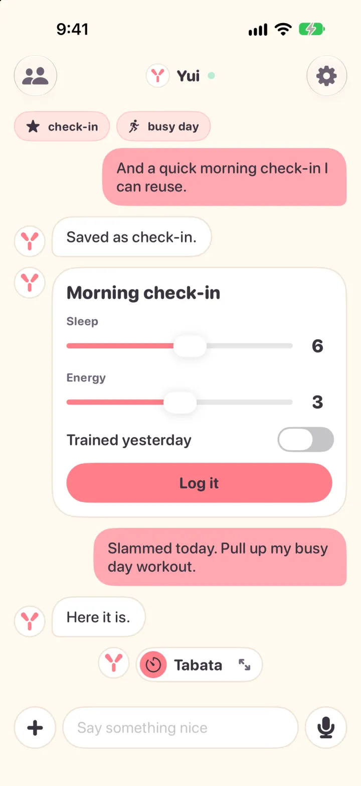 The same chat in light mode, with the shelf of saved screens under the agent's name.
