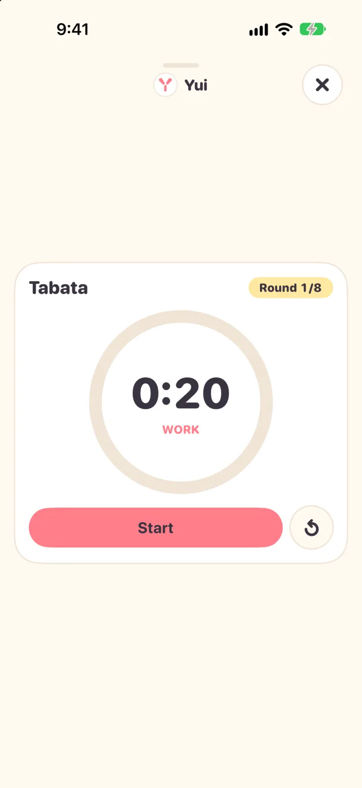 The busy day Tabata reopened full screen from the shelf in light mode: 0:20 work, round 1 of 8, and a Start button.