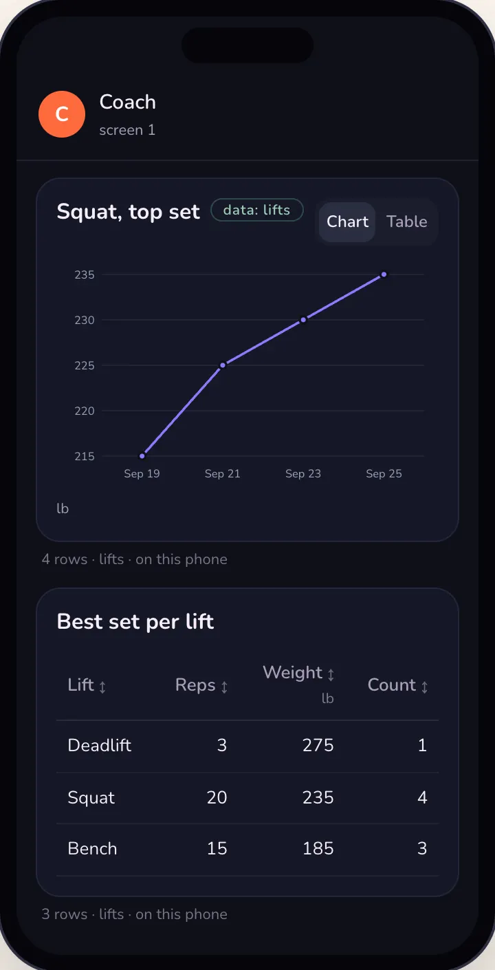 Workout log in the playground: a line chart of squat top sets rising from 215 to 235 pounds over a week, and a table of the best set per lift with reps and set counts.