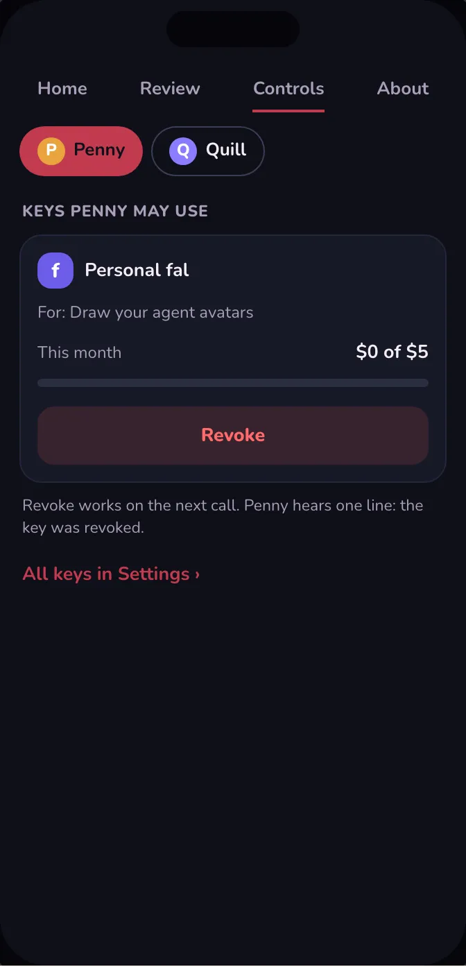 Dark mode: the drawer's Controls tab for Penny, listing Personal fal, what it is for, this month's spend against its cap, and a Revoke button.