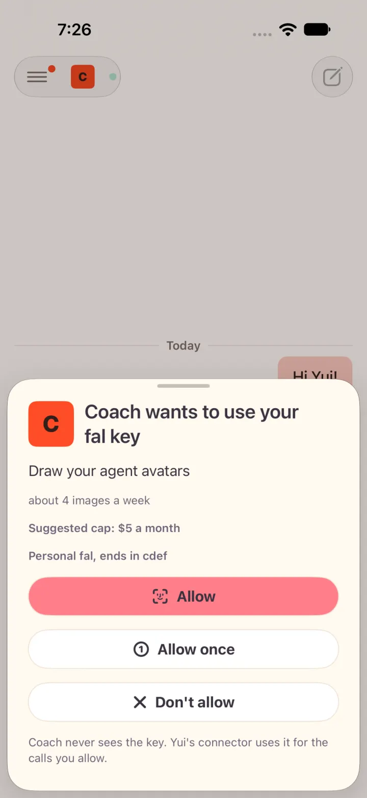 An agent asks to use your fal key, with Allow, Allow once and Don't allow