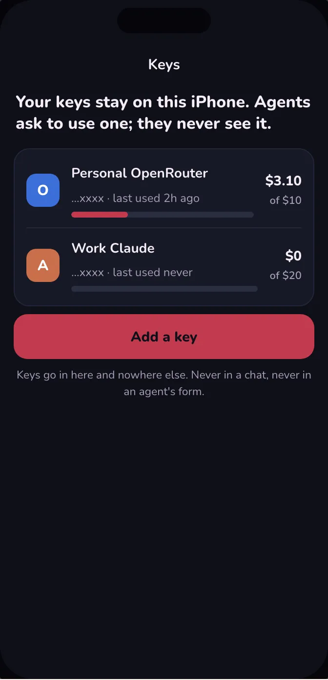 Dark mode: Settings > Keys with Personal OpenRouter at 3.10 of its 10 a month cap and Work Claude unused, each shown only by its last four characters, and an Add a key button.