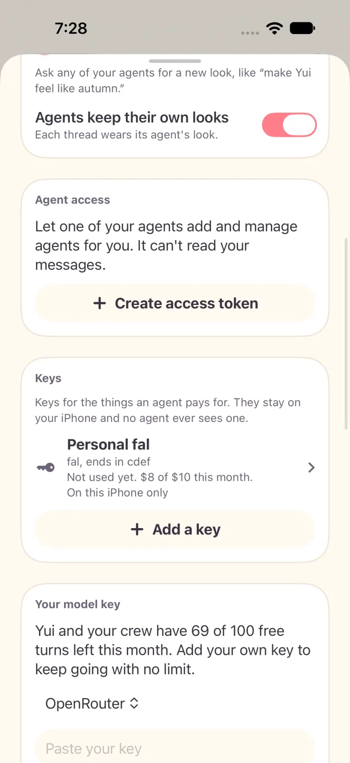 Settings with a Keys card: a key on this iPhone only and this month's spend against its cap.