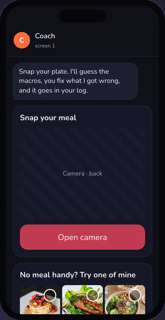 Coach asks for a photo of the meal, with three sample photos to pick from, dark mode
