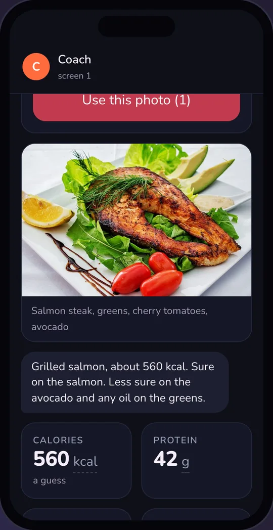 The estimate for grilled salmon with its confidence note and macro tiles, dark mode