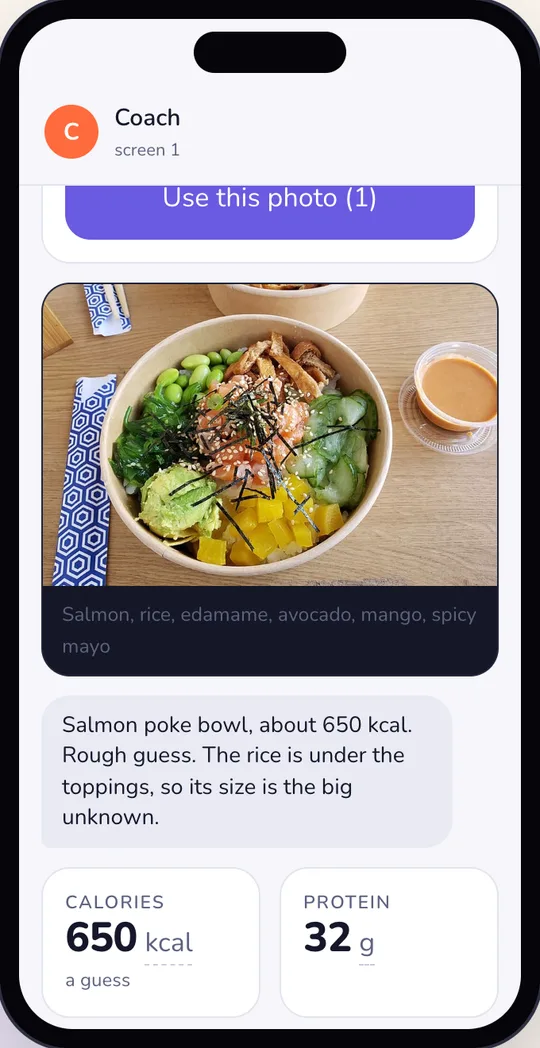 The estimate for a poke bowl: the photo, a note on how sure the guess is, and calorie and protein tiles, light mode