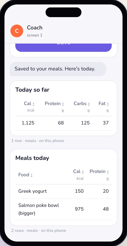 After Save: today's totals and the meals logged today, light mode