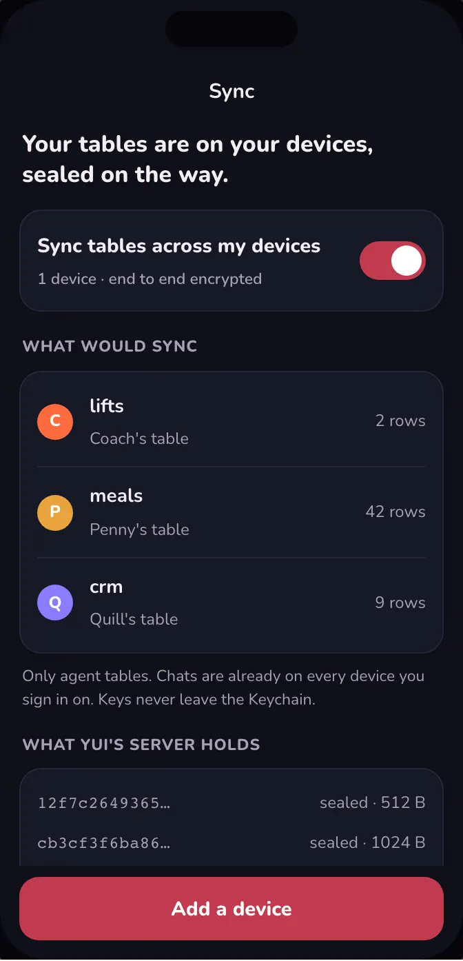 Dark mode: Sync switched on for one device, the three tables, and what Yui's server holds: rows of sealed bytes with their padded sizes.