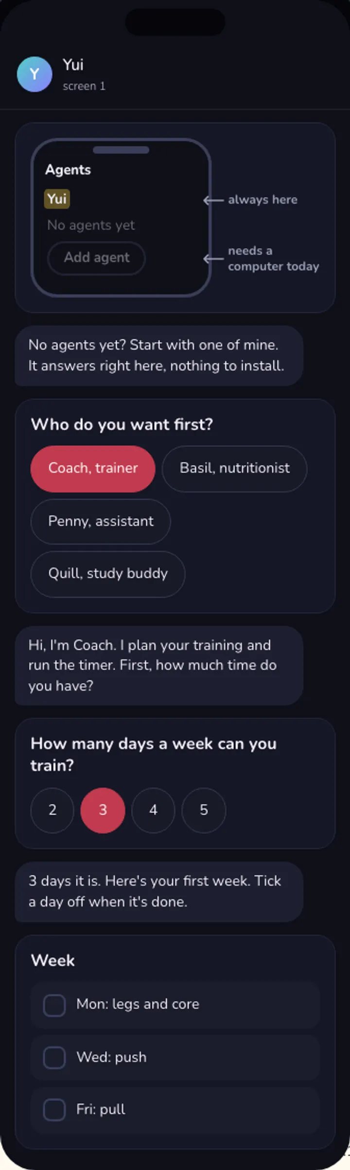 Dark mode: Coach picked. Coach asks how many days a week, 3 is tapped, and a checklist of three training days follows.