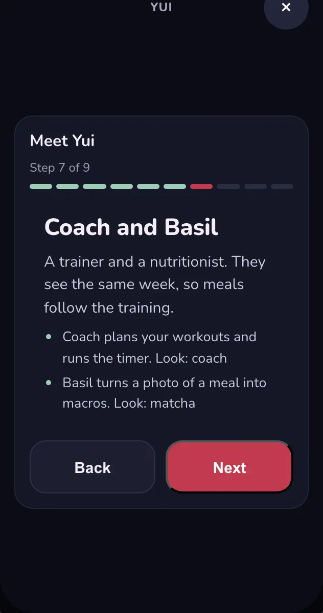 Dark mode, step 7 of 9: a page titled Coach and Basil. A trainer and a nutritionist, with one line on what each does and its look.