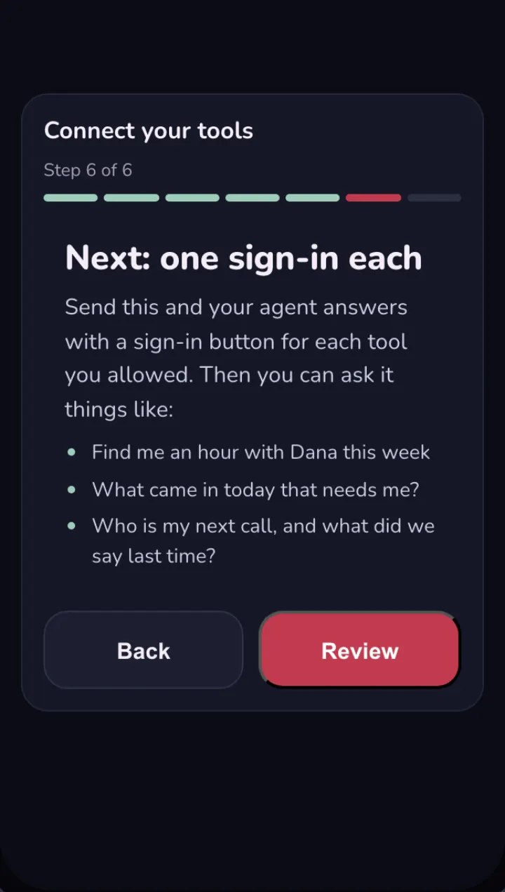 Dark mode, the last step: Next, one sign-in each, with three things to ask after, like Find me an hour with Dana this week.