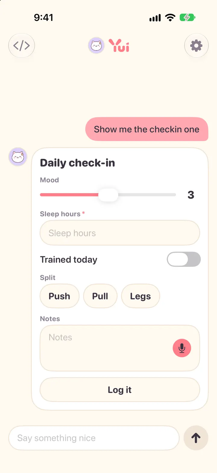 A daily check-in form with a mood slider, switches and notes