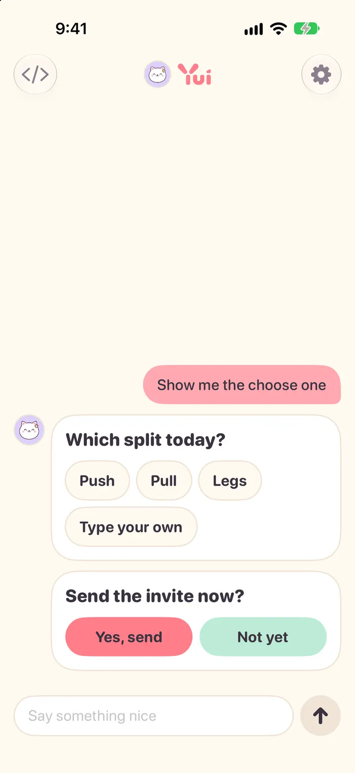 A choose screen in chat: which split today, push, pull or legs