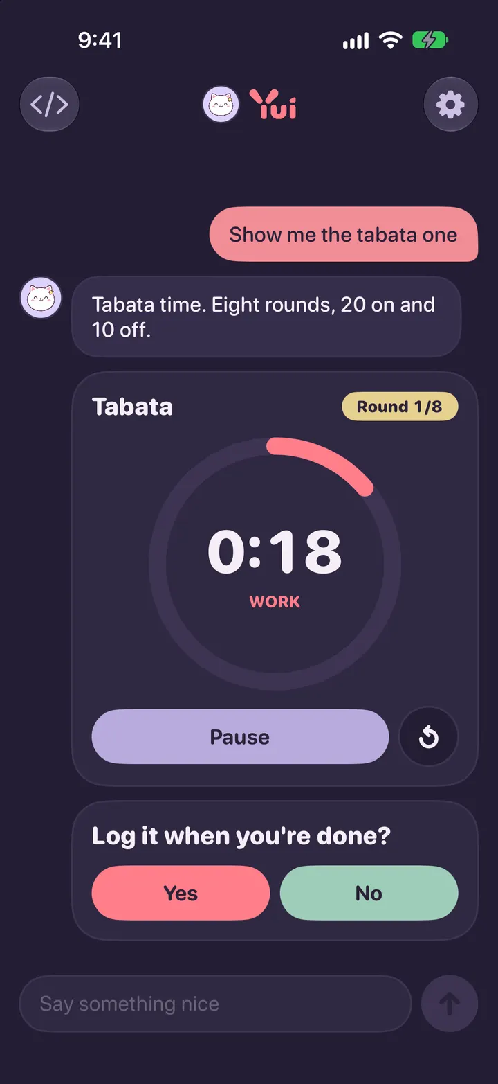A Tabata timer card counting down in chat, dark theme