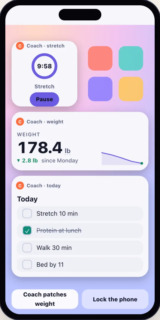 A home screen with three Yui widgets from Coach: a running Stretch timer, a weight stat with its trend, updated, and a Today checklist with one row ticked.