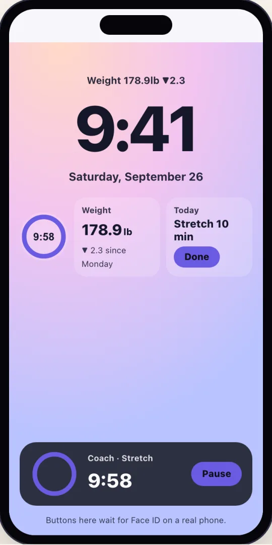 The lock screen: a timer ring, the weight, the next item on today's list with a Done button, and the running timer as a Live Activity at the bottom.