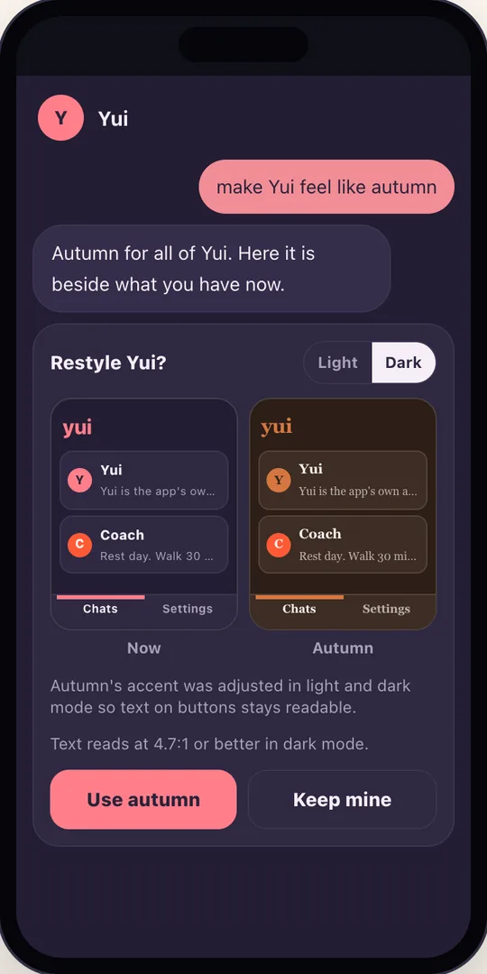 Dark mode, the same card switched to Dark: Now in plum and coral beside Autumn in dark brown and orange.