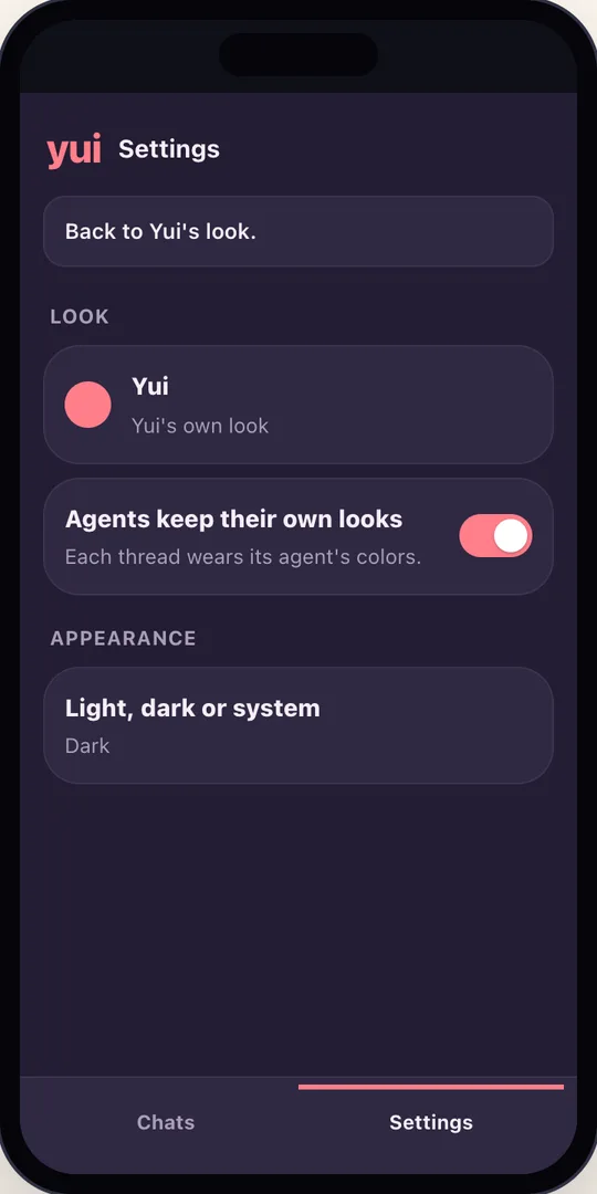 Dark mode, after Back to Yui's look: Settings in Yui's own coral again, with the line Back to Yui's look.