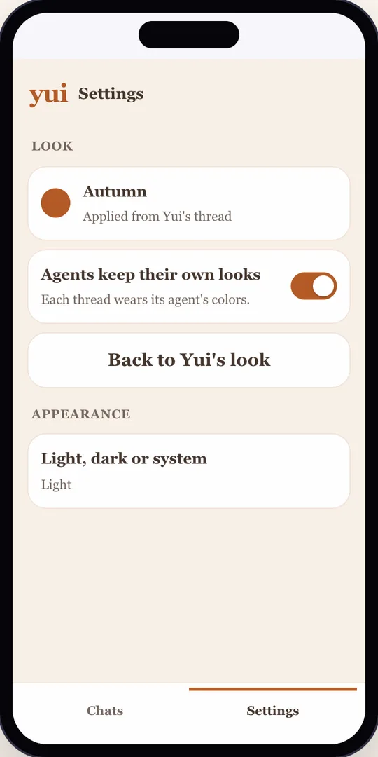 Light mode, Settings in autumn: Look is Autumn, a switch Agents keep their own looks, and a Back to Yui's look button.
