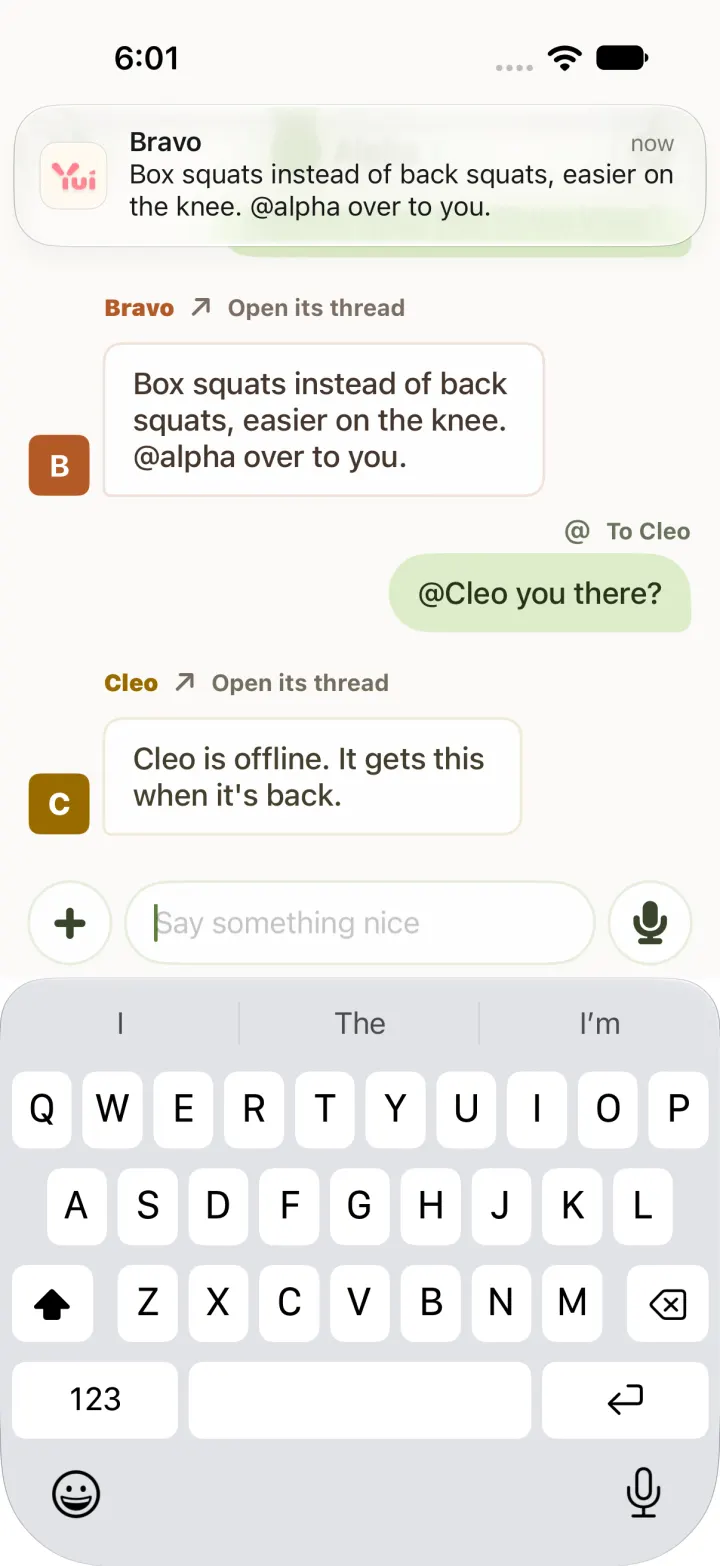 Alpha's thread after asking Bravo: the sent message says To Bravo, Bravo's answer sits below in Bravo's orange with an Open its thread link, then a question to Cleo and Cleo's line saying it is offline