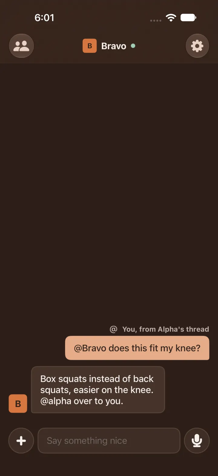 Bravo's own thread in dark mode: the question marked You, from Alpha's thread, and Bravo's answer under it
