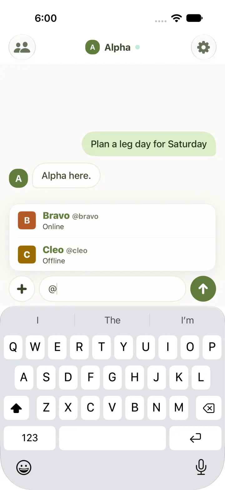 Yui chat with Alpha in light mode, @ typed in the composer; a list above it shows Bravo, online, and Cleo, offline, each with a colored letter badge